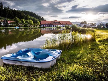 Luxury camping - Kühlschrank - Austria - Tretboot fahren am Pirkdorfer See ist kostenfrei für unsere Lakeside Petzen Glamping Gäste. - Lakeside Petzen Glamping Resort Glamping Chalet 43m²  mit großer Terrasse im Lakeside Petzen Glamping