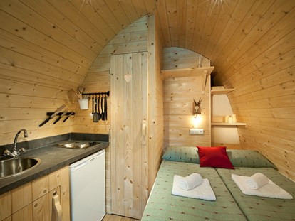 Luxury camping - Kühlschrank - Tyrol - Koch- und Schlafbereich Panorama Wood-Lodge - Nature Resort Natterer See Wood-Lodges am Nature Resort Natterer See