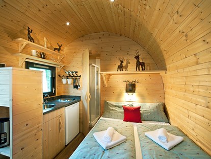 Luxury camping - Kühlschrank - Tyrol - Koch- und Schlafbereich Family Wood-Lodge - Nature Resort Natterer See Wood-Lodges am Nature Resort Natterer See