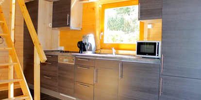 Luxuscamping - Terrasse - Deutschland - Küchenzeile mit Kochgelegenheit, Spülmaschine, Mikrowelle und Kaffeemaschine - Camping Langenwald Blockhäuser auf Camping Langenwald