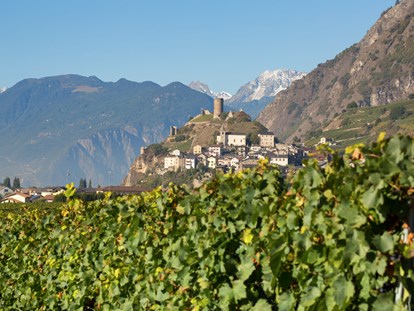 Luxuscamping - Umgebungsschwerpunkt: Fluss - Schweiz - Saillon, ausgezeichnet als das schönste Dorf der Romandie 2013, mit seiner mittelalterlichen Burg, seinen Rebbergen, Obstgärten und seinem Marmor - Camping de la Sarvaz