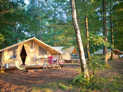 Luxuscamping - Kühlschrank - Rhône-Alpes - Zelt Toile & Bois - Aussenansicht - Camping Huttopia Dieulefit Zelt Toile & Bois mit Badezimmer und Holzofen auf Camping Huttopia Dieulefit