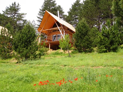 Luxuscamping - Terrasse - Drôme - Cahutte in gruener Natur - Camping Huttopia Dieulefit Cahutte für naturnahe Ferien auf Camping Huttopia Dieulefit