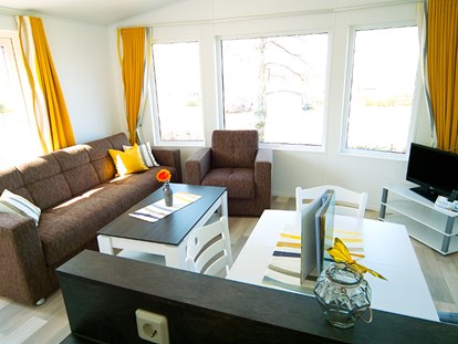 Luxury camping - Gartenmöbel - Germany - Wohnzimmer mit Sat-TV und gemütlicher Couch - Ostseecamp Seeblick Bungalow Möwe am Ostseecamp Seeblick