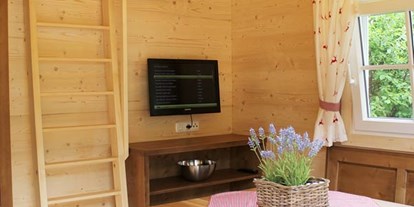 Luxuscamping - Art der Unterkunft: Bungalow - Ferienhütte "Schafberg": gemütliche Sitzecke mit Fernseher (SAT-Anlage) und Aufgang zur Galerie mit Schlafmöglichkeit - CAMP MondSeeLand Ferienhütten am CAMP MondSeeLand