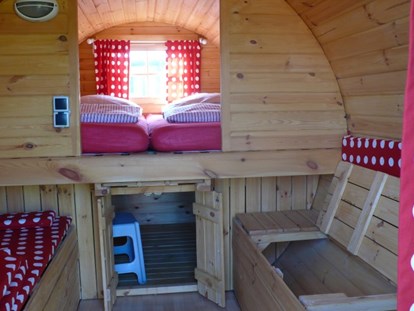 Luxury camping - Parkplatz bei Unterkunft - Ostseeküste - Viel Stauraum. Die Sitzbänke lassen sich erweitern zu zwei Betten für Kinder bis 140cm. - ostseequelle.camp Campingfässer (Schlafffässer)