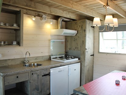 Luxuscamping - Kühlschrank - Nord Overijssel - Küche mit Kühlschrank und Geschirrspüler - Camping De Kleine Wolf Ferienhütte Hooiberg auf Camping De Kleine Wolf