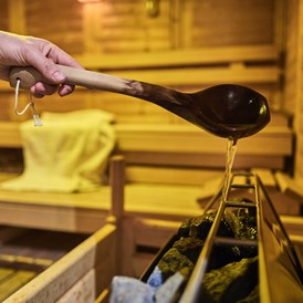Glampingunterkunft: Geniessen Sie einen Aufguss in der finnischen Sauna. - Blockhütte Aifnerblick Camping Dreiländereck Tirol