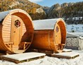 Glamping: Unsere Wohnfässer sind auch im Winter bewohnbar. Beheizt mit Infrarotstrahlern. Gemütlich warm. - Camping Dreiländereck in Tirol