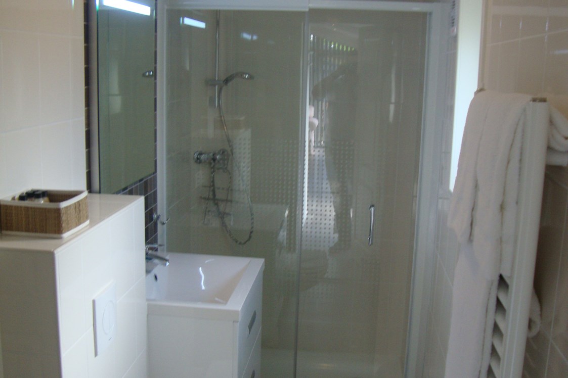 Glamping: Badezimmer (gefliest) mit großzügiger Dusche, Waschbecken, WC und Handtuchwärmer - Kirchzarten / Schwarzwald