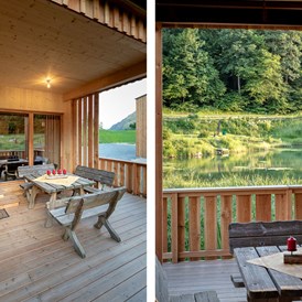 Glampingunterkunft: Jede unserer Glamping Lodges verfügt über eine eigene kleine Terrasse mit Blick auf unseren Forellenteich. - Glamping Lodges am Prefelnig Teich: Urlaub am Bauernhof am Ossiacher See