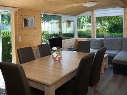 Luxuscamping - Kühlschrank - Schweiz - Wohnzimmer mit Fernsehen - Camping de la Sarvaz Chalets Alpin am Camping de la Sarvaz