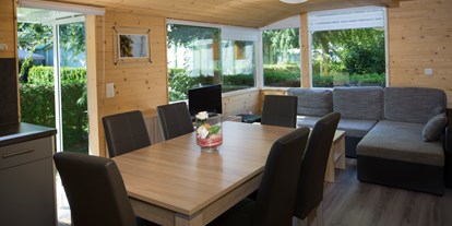 Luxuscamping - Preisniveau: moderat - Wohnzimmer mit Fernsehen - Camping de la Sarvaz Chalets Alpin am Camping de la Sarvaz