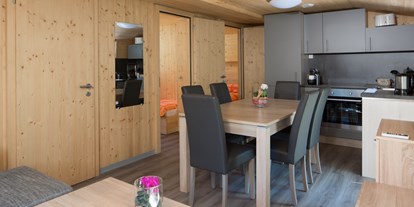 Luxuscamping - Preisniveau: moderat - Blick aus dem Wohnzimmer - Camping de la Sarvaz Chalets Alpin am Camping de la Sarvaz