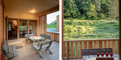 Luxuscamping - PLZ 9570 (Österreich) - Jede unserer Glamping Lodges verfügt über eine eigene kleine Terrasse mit Blick auf unseren Forellenteich. - Urlaub am Bauernhof am Ossiacher See