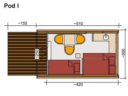 Luxuscamping - WLAN - Seenplatte - Typ Maxi Pod
Aufbaumaß: 4,20m  x 3,00m
Für 1- 2 Personen
Nichtraucher - Naturcamping Malchow
