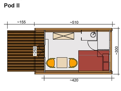 Luxuscamping - Spielplatz - Typ Maxi Pod
Aufbaumaß: 4,20m  x 3,00m
Für 1- 3 Personen
Nichtraucher - Naturcamping Malchow