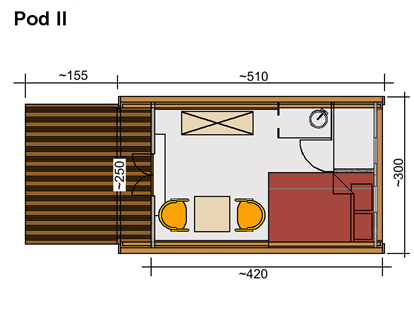 Luxuscamping - Umgebungsschwerpunkt: See - Typ Maxi Pod
Aufbaumaß: 4,20m  x 3,00m
Für 1- 3 Personen
Nichtraucher - Naturcamping Malchow