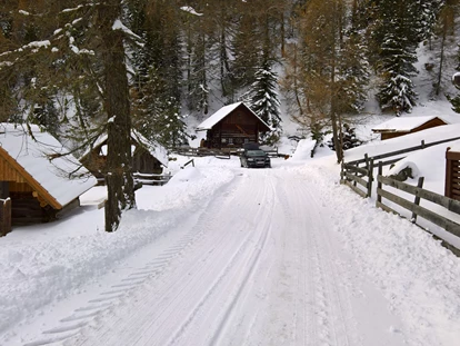 Luxuscamping - im Winter geöffnet - Kärnten - Hüttenzufahrt im Winter - Bergheim Schmidts Almhütten und Stellplätze