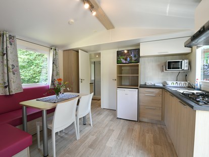 Luxuscamping - Kühlschrank - Pleinfeld - Essbereich mit Küche im Mobilheim - Waldcamping Brombach Mobilheim am Waldcamping Brombach