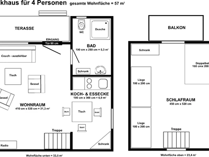 Luxuscamping - getrennte Schlafbereiche - Grundriss Blockhaus für 4 Personen, 2 Etagen - Camping Pommernland Finnische Blockhäuser auf Camping Pommernland 