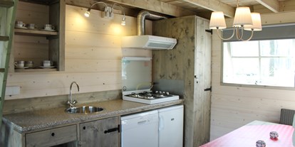 Luxuscamping - WC - Overijssel - Küche mit Kühlschrank und Geschirrspüler - Camping De Kleine Wolf Ferienhütte Hooiberg auf Camping De Kleine Wolf