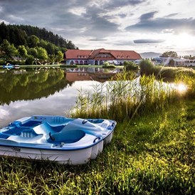 Glampingunterkunft: Tretboot fahren am Pirkdorfer See ist kostenfrei für unsere Glamping Gäste. - Lakeside Family Tent im Lakeside Petzen Glamping Resort
