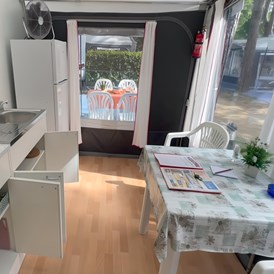 Glampingunterkunft: Vorzelt Küche - Deluxe Caravan mit Einzelbett / Dusche