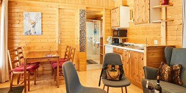 Luxuscamping - Art der Unterkunft: spezielle Unterkunft - Wohnbereich und Küche Aifnerblick - Blockhütte Aifnerblick Camping Dreiländereck Tirol