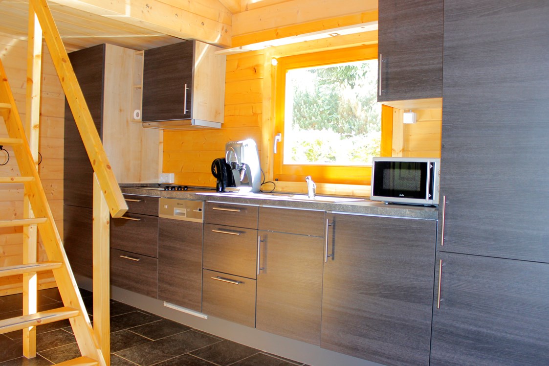 Glampingunterkunft: Küchenzeile mit Kochgelegenheit, Spülmaschine, Mikrowelle und Kaffeemaschine - Blockhäuser auf Camping Langenwald