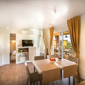 Glampingunterkunft: Wohnraum mit voll ausgestatteter Küche und Sofa - Krk Premium Camping Resort - Bella Vista Premium Family 