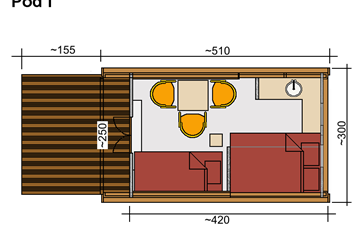 Glamping: Typ Maxi Pod
Aufbaumaß: 4,20m  x 3,00m
Für 1- 2 Personen
Nichtraucher - Naturcamping Malchow