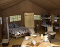 Glamping: Im Zelt befindet sich auch eine mobile Küche mit Kocheinheit, Kühlschrank, Spüle und Geschirr. - Camping Park Gohren