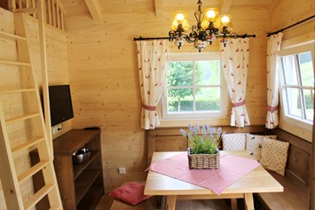 Glamping: Ferienhütte "Drachenwand": gemütliche Sitzecke mit Fernseher (SAT-Anlage) und Aufgang zur Galerie mit Schlafmöglichkeit - CAMP MondSeeLand