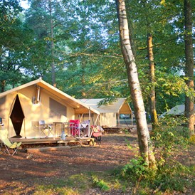 Glampingunterkunft: Zelt Toile & Bois - Aussenansicht - Zelt Toile & Bois mit Badezimmer und Holzofen auf Camping Huttopia Rambouillet