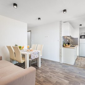 Glampingunterkunft: living room & kitchen - Prestige Mobile Home mit Whirlpool