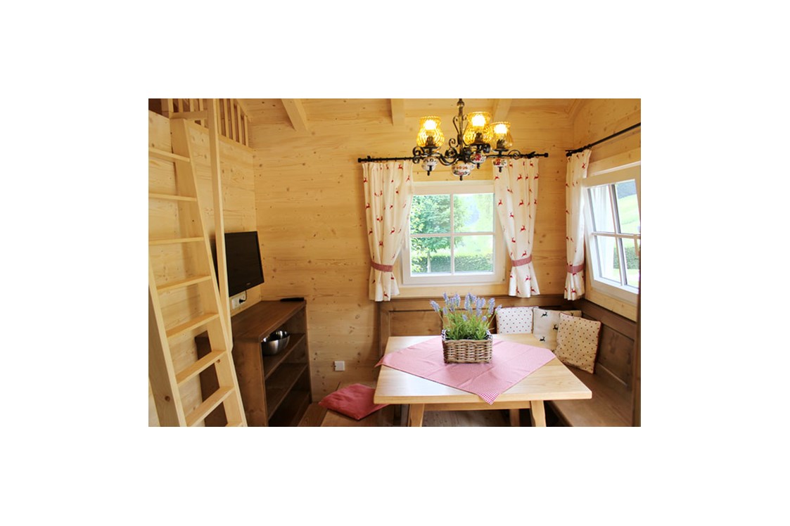 Glampingunterkunft: Ferienhütte "Drachenwand": gemütliche Sitzecke mit Fernseher (SAT-Anlage) und Aufgang zur Galerie mit Schlafmöglichkeit - Ferienhütten am CAMP MondSeeLand