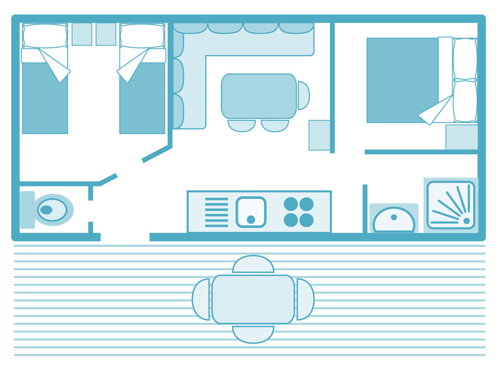 Camping de lujo - Dax - Cottage MARINA Raumaufteilung - Yelloh! Village Camping Resort & Spa Sylvamar Cottage MARINA auf Yelloh! Village Camping Resort & Spa Sylvamar