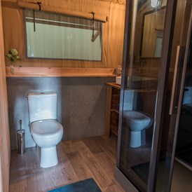Glampingunterkunft: Die Badezimmer der Safarizelte sind geräumig und mit Dusche, Waschbecken und WC ausgestattet.  - Campingpark Heidewald