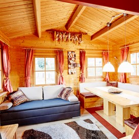 Glampingunterkunft: Wohnbereich mit gemütlicher Sitzecke Pelletsofen, ausziehbarer Couch - Blockhütte Tirol Camping Dreiländereck Tirol