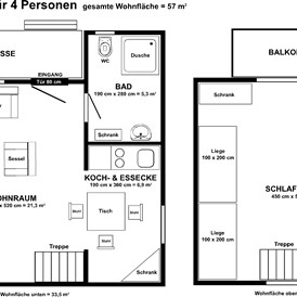 Glampingunterkunft: Grundriss Blockhaus für 4 Personen, 2 Etagen - Finnische Blockhäuser auf Camping Pommernland 