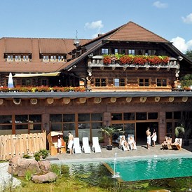 Glampingunterkunft: Haupthaus Südseite, Aussenanlage Saunabereich mit Naturbadeteich - Baumhütten / Schwarzwälder Hof