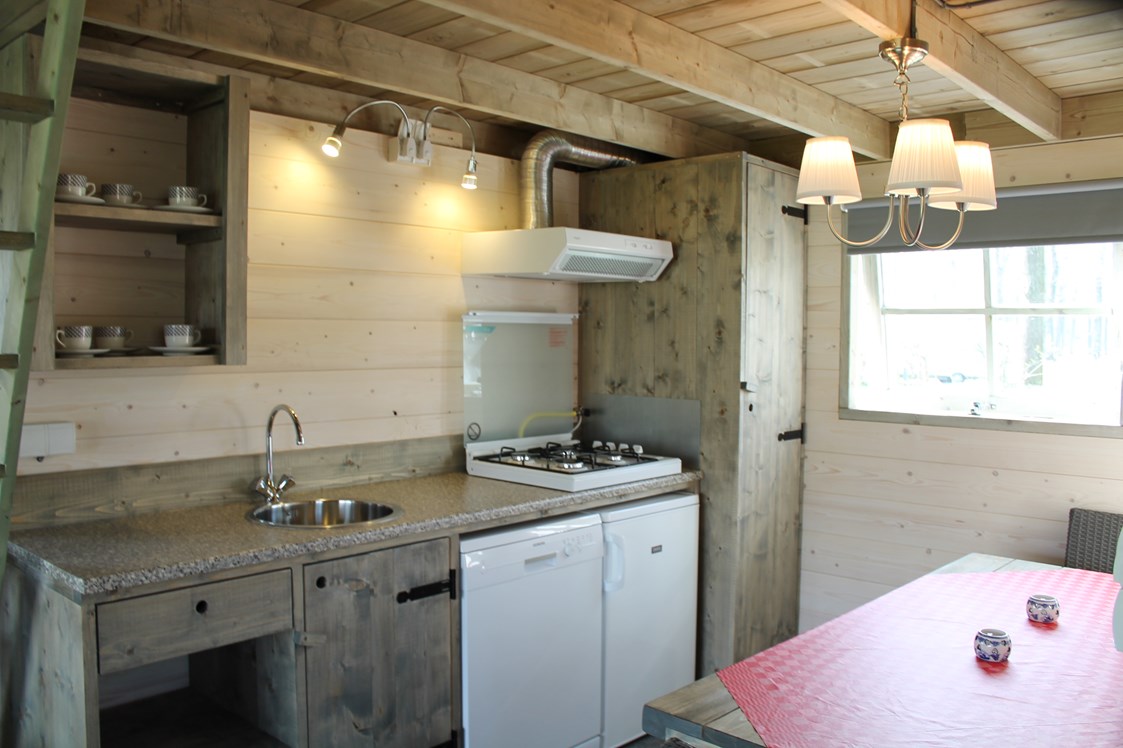 Glampingunterkunft: Küche mit Kühlschrank und Geschirrspüler - Ferienhütte Hooiberg auf Camping De Kleine Wolf