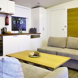 Glampingunterkunft: Gemütlicher Wohnbereich - Luxus-Mobilheim Aspect mit zwei Schlafzimmern am Camping Parco delle Piscine